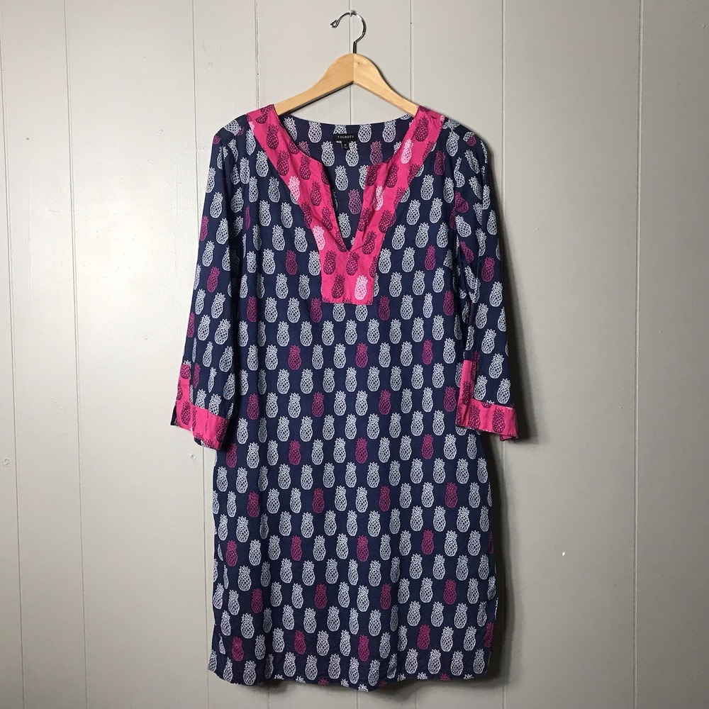 TALBOTS PINEAPPLE PATTERN LIGHTWEIGHT TUNIC KAFTAN DRESS POCKETS WOMENS MEDIUM